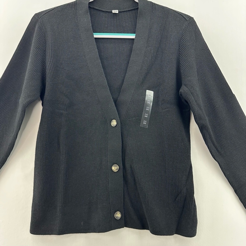 UNIQLO Women’s Black Ribbed V-Neck Cardigan Sweater Medium NWT - Picture 10 of 11